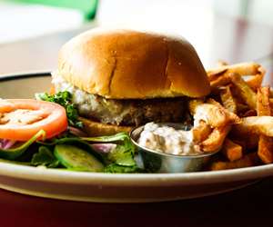 Hamburger withe side salad and fries